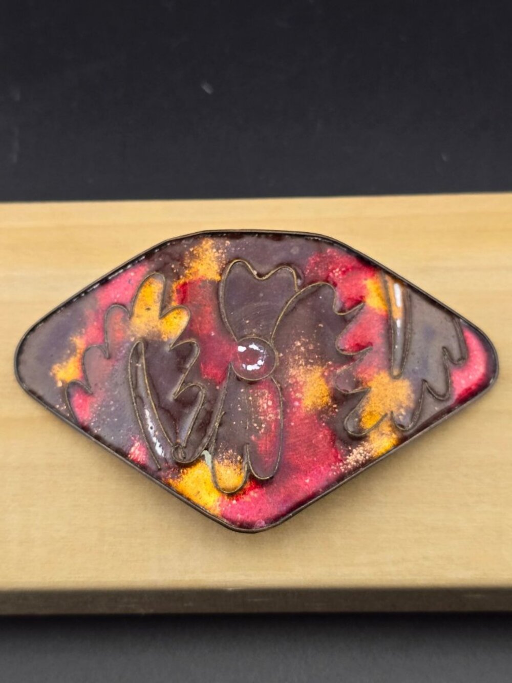 Vintage Abana Cloisonne Tie Clip Japan Floral Design Red Yellow - Picture 7 of 9